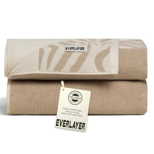 Everlayer Luxury Bath Towels, 2 Pack, 28 x 55 Inch, Made in Portugal | 500 GSM, 100% Combed Cotton, Utra-Soft & Plush, Reversible Design, Oeko-Tex Certified, Incl 2 Pieces Bath Towels,Sand Border - color: Sand Border, size: Bath Towel, style: 2 Pcs