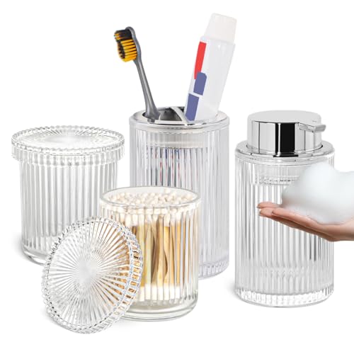 4pcs Glass Bathroom Accessories Set, Foaming Soap Dispenser, Toothbrush Holder and Cotton Swab Jar for Bathroom Counter Organizer Essentials, Vintage Ribbed Bathroom Decor, Clear - color: Clear and Silver