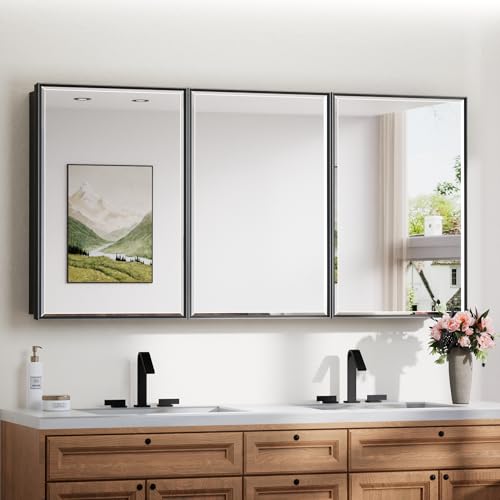 TokeShimi 60x30 Recessed Medicine Cabinet with Mirror, Black Medicine Cabinet Mirrored Aluminum Alloy, Wall Mounted Metal Beveled Mirror with Storage for Bathroom Vanity - color: Black, size: 60x30 IN
