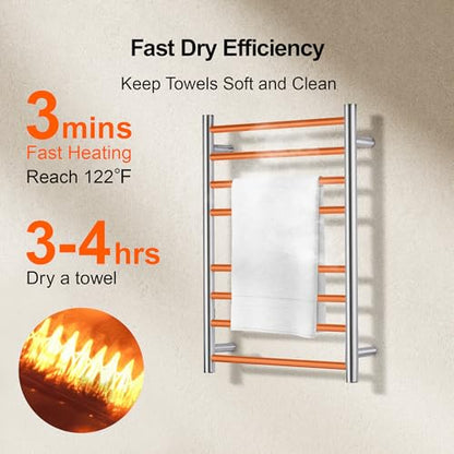 Towel Warmer Polished Chrome for Bathroom Wall Mounted Drying Rack Plug-in Electric Heated Towel Rack Stainless Steel Round 8 Bars Bath Towel Heater with Single Press