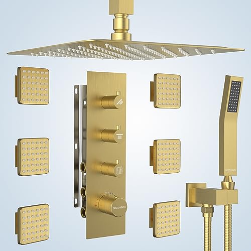 Shower Faucet Set Brushed Gold,Thermostatic Shower System with Body Jets,16 inch Ceiling Rainfall Faucet Set with with 6 PCS Dual Modes Body Jets(3 Inch) Can All Run Together - color: Gold, size: 16"-1