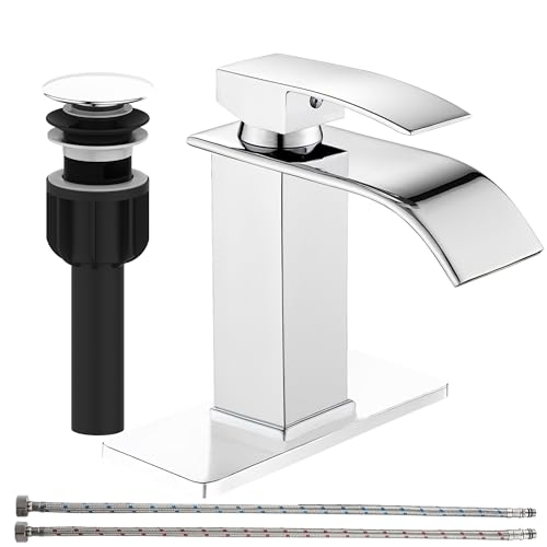 SAGETTA Bathroom Faucet, Single Handle Bathroom Sink Faucet for 1-Hole or 4-Inch 3-Hole Vanity Sinks, Includes Pop-Up Drain, Hot & Cold Supply Lines and Deck Plate, Chrome Finish - color: Chrome, style: 1
