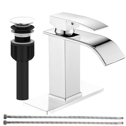 SAGETTA Bathroom Faucet, Single Handle Bathroom Sink Faucet for 1-Hole or 4-Inch 3-Hole Vanity Sinks, Includes Pop-Up Drain, Hot & Cold Supply Lines and Deck Plate, Chrome Finish - color: Chrome, style: 1