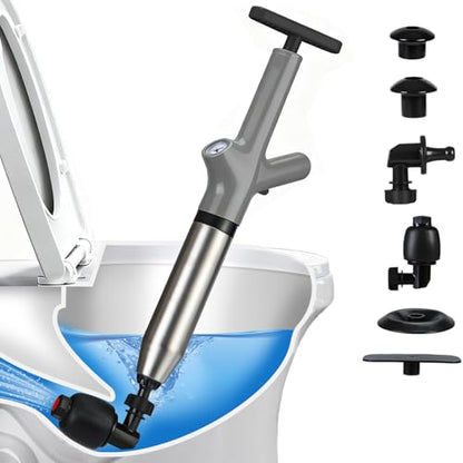 Toilet Plunger, High Pressure Drain Unclogger Plungers with Pressure Gauge, toilet auger Air Drain Blaster, Versatile Heavy Duty Clog Remover for Bathroom, Kitchen, Floor Drain - color: Gray