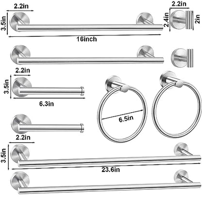 10Pcs Bath Tower Set, Includes 23.6 inch & 16 inch Towel Bars, Hooks, Rings & Toilet Paper Holder - Brushed Nickel - color: Brushed Silver, size: 24-16inch