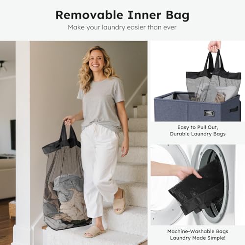 SOLEDI 180L Double Laundry Hamper with Lid and 2 Side Pockets, Dual Hamper | 2 Section Laundry Basket, Removable & Washable Laundry Bags, 180L Large Capacity, for Bedroom, Bathroom, Laundry Room, Dorm - color: Navy Blue