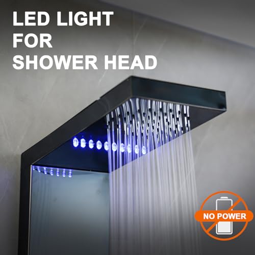 LED Black Shower Panels Tower System with Storage Shelf, LCD Temperature Display 304 Stainless Steel with Rainfall Shower Head with Handheld Massage Body Jets Bathroom Matte Waterfall Bathtub - color: Matte Black