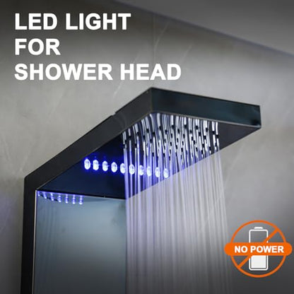 LED Black Shower Panels Tower System with Storage Shelf, LCD Temperature Display 304 Stainless Steel with Rainfall Shower Head with Handheld Massage Body Jets Bathroom Matte Waterfall Bathtub - color: Matte Black