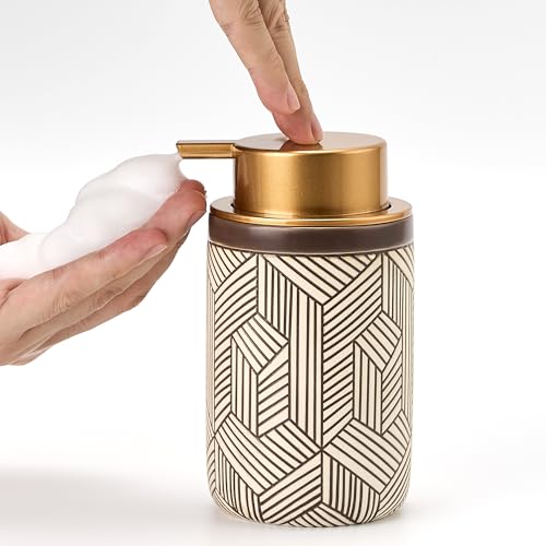 Brown Foaming Soap Dispenser,Ceramic Foam Soap Dispenser for Bathroom&Kitchen,12oz Foam Dispenser with Plastic Gold Pump(Unique&Modern) - color: Chestnut Brown