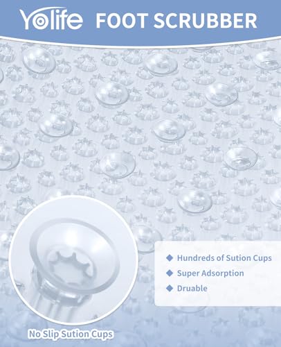 Yolife Shower Foot Scrubber Mat, Anti-Slip Bath Mat with Scrub Bristles, Soft Shower Foot Massager with Strong Suction Cups for Soothe Achy Feet, 25.6" x 13.4" - color: Clear, size: 25.6" x 13.4" (Rectangular)