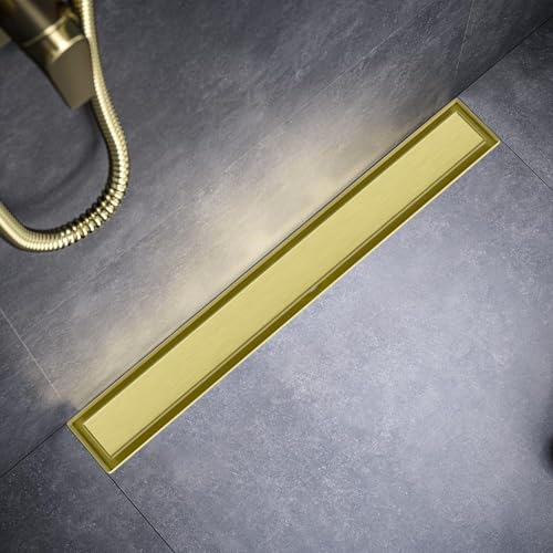 Brushed Gold 24-Inch Linear Shower Drain with Tile Insert Grate, Rectangle Floor Drain 304 Stainless Steel Including Hair Strainer - color: Gold, size: 24 IN