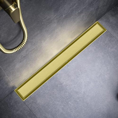 Brushed Gold 24-Inch Linear Shower Drain with Tile Insert Grate, Rectangle Floor Drain 304 Stainless Steel Including Hair Strainer - color: Gold, size: 24 IN
