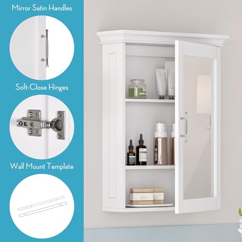 RiverRidge Somerset Bathroom Wall Mount Medicine Cabinet with Mirror, White | Bath Storage Cabinet with Adjustable Interior Shelf and Soft Close Hinges, Two-Tone Handles and Coved Top Detailing