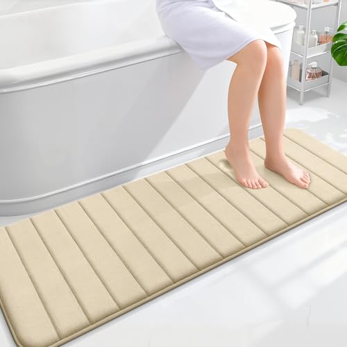 OLANLY Memory Foam Long Bathroom Rugs Runner 59x20, Super Soft Absorbent Bath Mat, Quick Dry, Machine Washable Shower Floor Rugs, Bathmat Carpet, Bathroom Home Decor Accessories, Beige - color: Beige, size: 59" X 20"