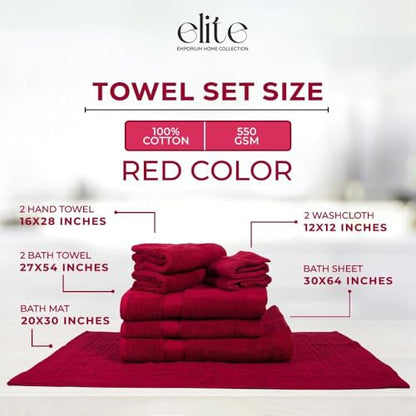 ELITE Emporium Home Collection 8-Piece Cotton Bath Towel Set - Ultra Soft, 550 GSM, Quick-Dry Towels - Bath Sheet, Bath Towels, Hand Towels, Washcloths, Bath Mat - Luxury Bathroom Towel Set (Red) - color: Red