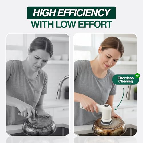 SonicPower Electric Spin Scrubber – Handheld & Ergonomic, IPX7 Waterproof, 4 Multi-Purpose Brush Heads, Long-Lasting Rechargeable Battery – Cleans Dishes, Bathroom, Tile, Grout & Kitchen (White) | Hard, Corner, Scour, Sponge - color: White