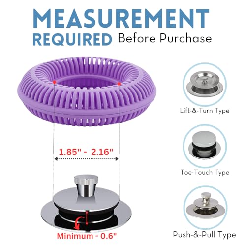 TubRing Pop-Up Drain Protector & Strainer Silicone Hair Catcher, Violet | Easy snap-in design fits around bathtub stoppers. Customizable utility guard for clog prevention. Fits 1.85"- 2.16" drains. - color: Violet