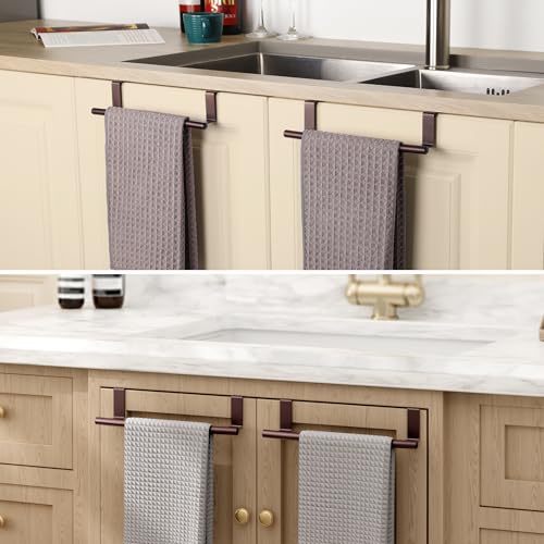 KES Over The Cabinet Towel Holder Fit 1" Thick, Kitchen Towel Holder, Brown | Anti-Wobble, Scratchproof, for Dish Hand Towels, Over The Door Towel Bar with Extended Hooks, 2 Pack, KTH500S26-OB-P2 - color: Brown