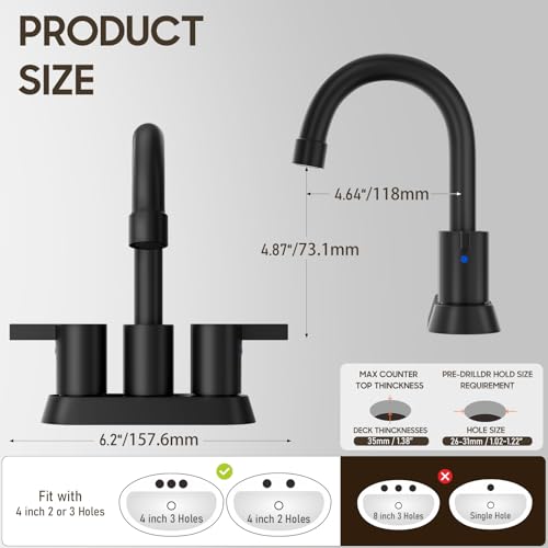 Phiestina 4 Inch 2 Handle Centerset Matte Black Lead-Free Modern Bathroom Faucet, 360 Swivel Spout 2-3 Hole RV Bathroom Vanity Sink Faucet with Pop Up Drain and Water Supply Lines,BF015-1-MB - color: Matte Black