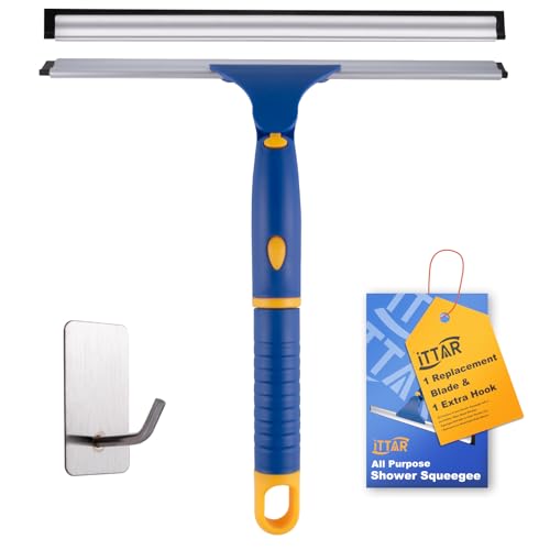ITTAR 12 inch Rotatable Shower Squeegee for Glass Doors, Multi-Purpose Window Squeegee with Hook & Refill Rubber Blade, Bathroom Cleaner Tool for Shower Door Window Mirror Wall Car Windshield - size: 12 Inch