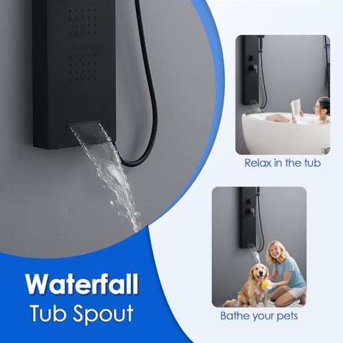 ROVOGO Shower Panel Tower System with Led Lights and 5 Shower Modes, 46.5" | Rainfall Waterfall Shower Head, 4 Body Jets, Handheld & Tub Spout, Stainless Steel Shower Column w/ Brass Valve, Matte Black - color: Black-4 jets