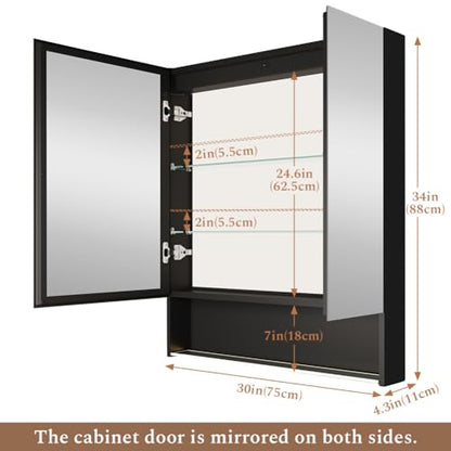 30"×34" LED Lighted Medicine Cabinet with Backlight, Adjustable Brightness 3 Color Temperature Lighting Anti-Fog Mirror 2 Socket & 2 USB Ports & Adjustable Shelf Wall Mounted - color: Backlight - 30"×34"