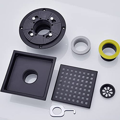 RANDOM Square Shower Drain 6 Inch Matte Black Stainless Steel Shower Floor Drain Kit with Adjustable PVC Base Flange, Removable Grid Grate, Hair Strainer - color: C-matte Black-6″ Square With Base Flange