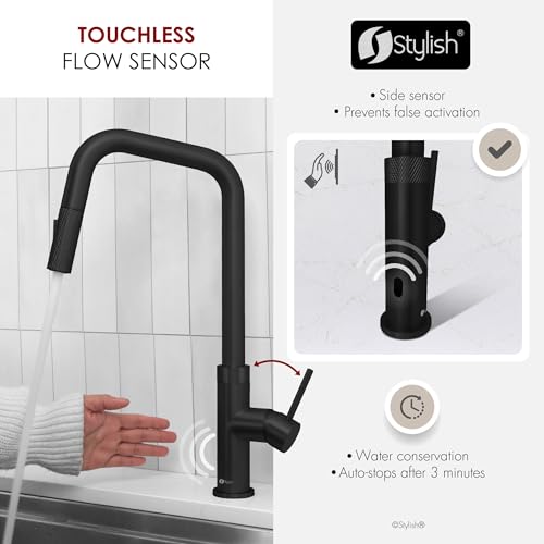 Stylish Touchless Kitchen Faucet with Pull Down Sprayer Single Lever Handle Dual Function Stainless Steel Kitchen Sink Faucet with Ceramic Cartridge and Aerator Matte Black Finish, K-150NM - color: Matte Black