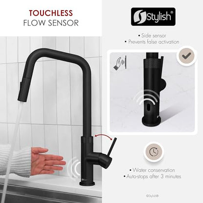 Stylish Touchless Kitchen Faucet with Pull Down Sprayer Single Lever Handle Dual Function Stainless Steel Kitchen Sink Faucet with Ceramic Cartridge and Aerator Matte Black Finish, K-150NM - color: Matte Black