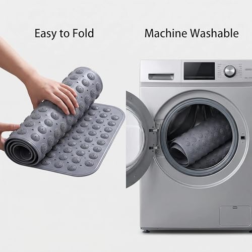 Double-Sided Anti-Slip Bath Tub Mat with Suction Cups and Drain Holes, Textured Surface, Bathtub Rug for Safety and Relaxation, 31.5" x 16" Grey