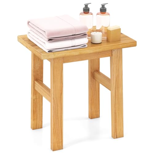 Giantex Solid Teak Shower Bench Stool for Bathroom, Fully Assembled Wooden Bath Seat with Water-Resistant Finish, 264 lbs Capacity, Spa Shaving Bench for Indoor Outdoor Use, 18''L x 12''W x 18''H