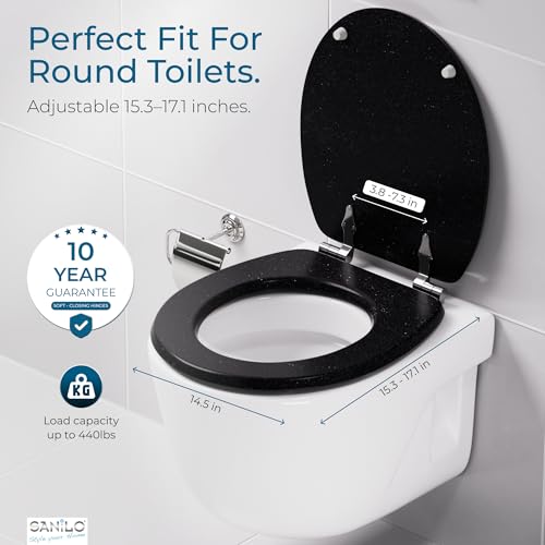 SANILO Wooden Toilet Seat with Soft Close [ROUND] - Decorative, Quiet & Slow Close Molded Wood Seat - With Strong Bumpers & Hinges - Adjustable Fit – Glittering Black - color: Glittering Black