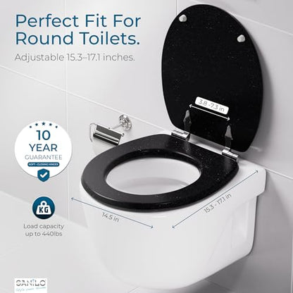 SANILO Wooden Toilet Seat with Soft Close [ROUND] - Decorative, Quiet & Slow Close Molded Wood Seat - With Strong Bumpers & Hinges - Adjustable Fit – Glittering Black - color: Glittering Black