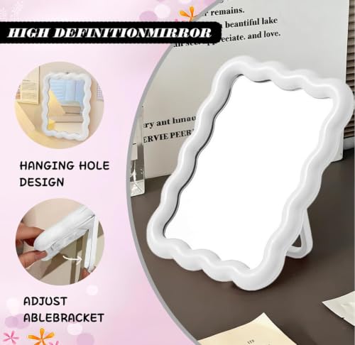 1Pcs Wavy Frame Desk Mirror Glossy Freestanding Mount Vanity Mirror White | Wavy Border Single Sided Makeup Mirror With Back Stand, Dual Use Tabletop Wall Mirror For Dorm Bedroom Daily Cosmetic Use