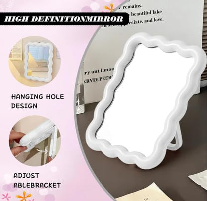 1Pcs Wavy Frame Desk Mirror Glossy Freestanding Mount Vanity Mirror White | Wavy Border Single Sided Makeup Mirror With Back Stand, Dual Use Tabletop Wall Mirror For Dorm Bedroom Daily Cosmetic Use