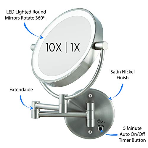 Zadro 9" Round Battery Operated LED Wall Mounted Makeup Mirror, 10X/1 or 5X/1 Vanity Mirrors for Wall, Arm Extends +16"