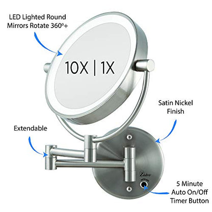 Zadro 9" Round Battery Operated LED Wall Mounted Makeup Mirror, 10X/1 or 5X/1 Vanity Mirrors for Wall, Arm Extends +16"