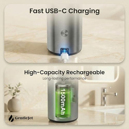 GentleJet SmoothDrop Automatic Liquid Soap Dispenser Touchless, No-Drip Precision Pump, USB-C Rechargeable, 304 Stainless Steel, Waterproof Countertop Dispenser for Kitchen & Bathroom Sink, 270 ml - color: Silver