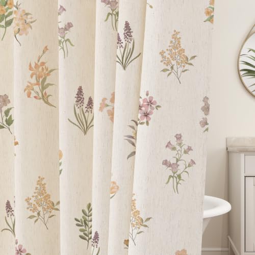 Beige Floral Linen Shower Curtain, Spring Vintage Farmhouse Style, 72x72 | Linen Fabric, Natural Look, Washable, French Country Pattern Standard Bathroom Curtains, Rustic Bathroom Decor - color: Beige, size: 72"W x 72"L (Pack of 1)