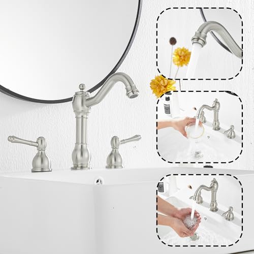 2 Handles 3 Holes Faucet Widespread Bathroom Sink Faucet Basin Tap Mixer Supply Hose Included Matching Pop Up Drain Brushed Nickel - color: Brushed Nickel, size: Widespread