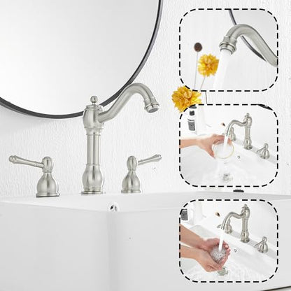 2 Handles 3 Holes Faucet Widespread Bathroom Sink Faucet Basin Tap Mixer Supply Hose Included Matching Pop Up Drain Brushed Nickel - color: Brushed Nickel, size: Widespread