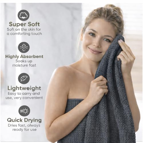 Bath Towels - 4 Pack Waffle Weave Bath Towels for Bathroom, 30x60 Inch, Cotton Towel Ultra Soft, Lightweight, Oversized, Lint Free - Steel Grey