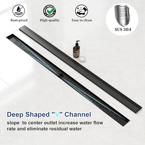 Neodrain 60" Linear Shower Drain, Matte Black 304 SS Bathroom Linear Drain | Black Shower Drain with Quadrato Grate& Adjustable Feet, Long Rectangle Shower Floor Drain in Bathroom, Balcony etc,cUPC - color: Matte Black, size: 60 In