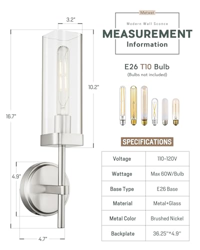 Set of 2 Brushed Nickel Bathroom Sconces, Square Clear Glass | Modern bathroom vanity light fixtures, upward-only mount, E26 base, hardwired, bulbs not included, VL262-BN-2PK - color: Brushed Nickel-Square Clear Glass, 2-Pack