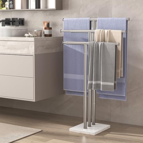 ELYKEN Standing Towel Rack for Bathroom, Adjustable 3-Tier Towel Stand | Weighted Marble Base, Brushed Stainless Steel, Freestanding Design, Holds Bath Towels, Rust Resistant, Ideal for Bathroom - size: 3 Tiers