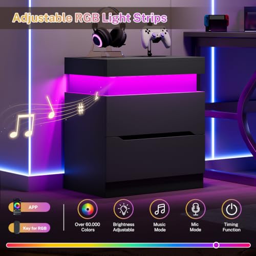 Nightstands Set of 2, Night Stand with 2 Drawers, Nightstand with App-Controlled Adjustable LED Light, Bedside Table with Slidable Hidden Storage Space, Modern Nightstands for Bedroom,Black - color: Unbzx031hd2-zf