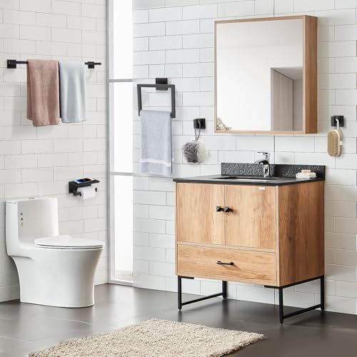 TQKAG 5-Pieces Matte Black Bathroom Hardware Accessories Set 23.6" SUS304 Stainless Steel Towel Bar Set Wall Mounted Square Toilet Paper Holder with Shelf - color: Matte Black, size: 5-Pieces Set-B