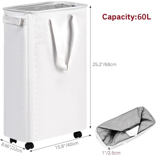 efluky Slim Laundry Basket with Wheels, Rolling Laundry Hamper on Wheels for Clothes, Small Laundry Bin for Bedroom, Dorm and Laundry Room, 60L White