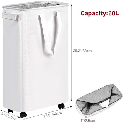 efluky Slim Laundry Basket with Wheels, Rolling Laundry Hamper on Wheels for Clothes, Small Laundry Bin for Bedroom, Dorm and Laundry Room, 60L White