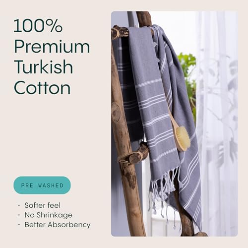 WETCAT Turkish Hand Towels with Hanging Loop, Set of 2 (20" x 30") 100% Turkish Cotton, Pre-Washed, Quick Drying, for Kitchen or Bathroom - Dark Gray - color: Dark Gray